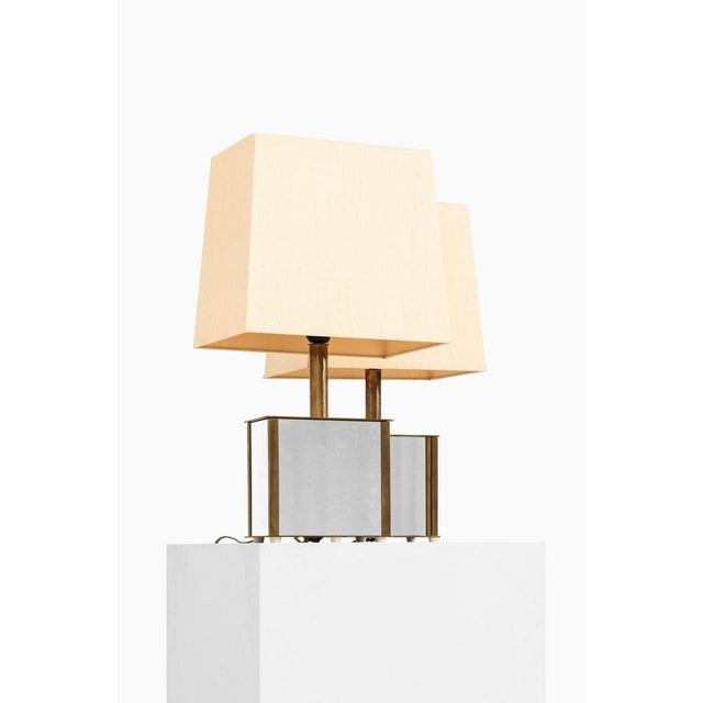 Bergboms Table Lamps in Brass, Mirrored Glass and Silk Shades, 1970s, Set of 2 For Sale - Image 3 of 15