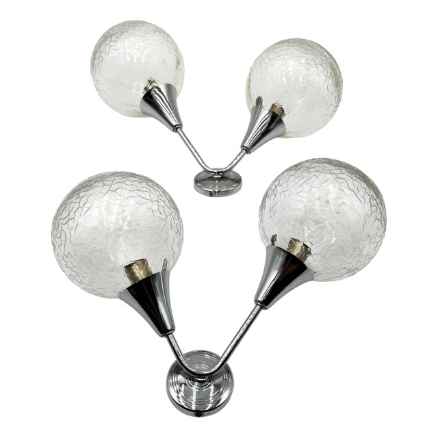 Space Age Wall Sconces in Crackled Glass and Chrome, 1970s, Set of 2 For Sale