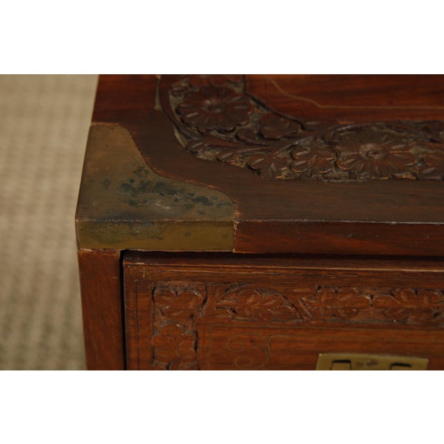 Vintage Campaign Style Inlaid Walnut Dresser Chest, Brass Inlay Carved Wood 10 Drawer Cabinet For Sale - Image 14 of 18