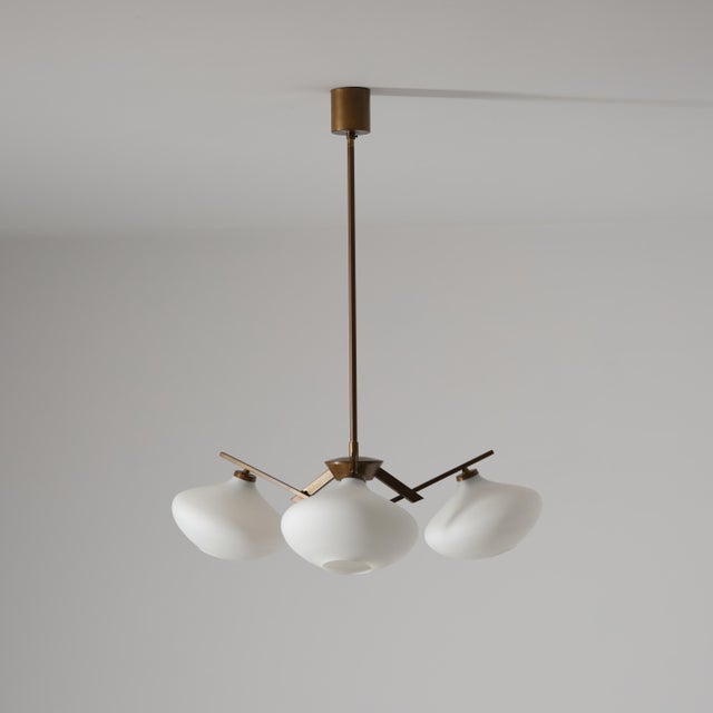 Gold Italian Brass Pendant Light with Three Opaline Glass Shades, 1950s For Sale - Image 8 of 8