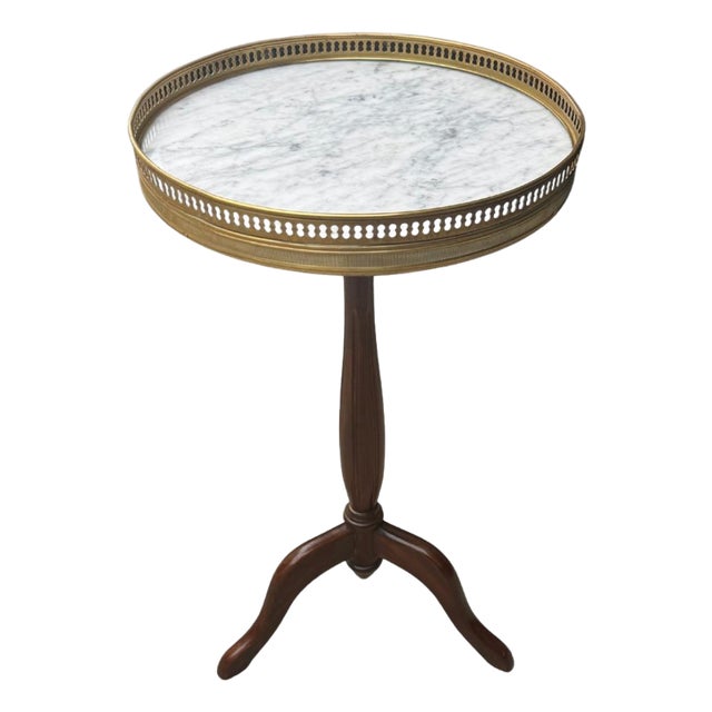 Vintage Regency Style Brass Gallery Marble Top Pedestal Table For Sale