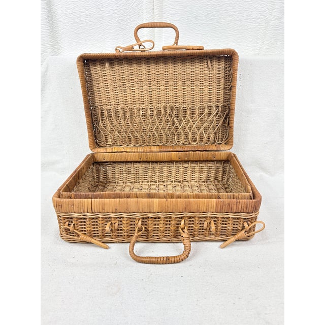 Wood Vintage MCM Rattan Bamboo Suitcase Style Picnic Basket For Sale - Image 7 of 9