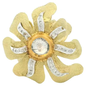 Vintage Indian 18K Brushed Gold Floral Cocktail Ring with 1.20ct Old Mine-Cut