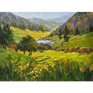 Valley View by Jann T. Bass | Oil on Board Landscape with hills, trees, and a lake. For Sale