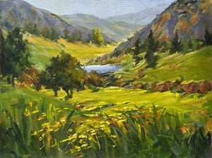 Valley View by Jann T. Bass | Oil on Board Landscape with hills, trees, and a lake.