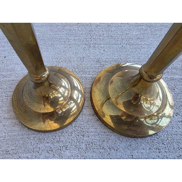 1990s Vintage Indian MCM Solid Brass Candlesticks – 14.5” - Set of 2 For Sale - Image 5 of 6