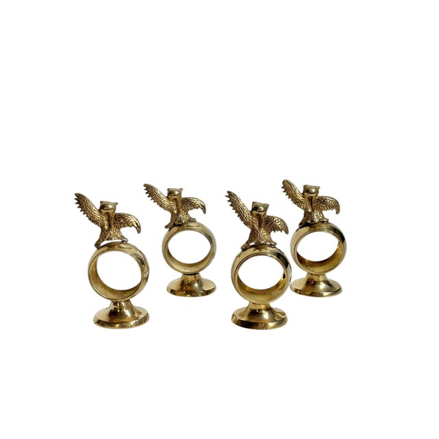 Mid-Century Modern Vintage Hollywood Regency Brass Owl Napkin Rings – Set of 4 For Sale - Image 3 of 12