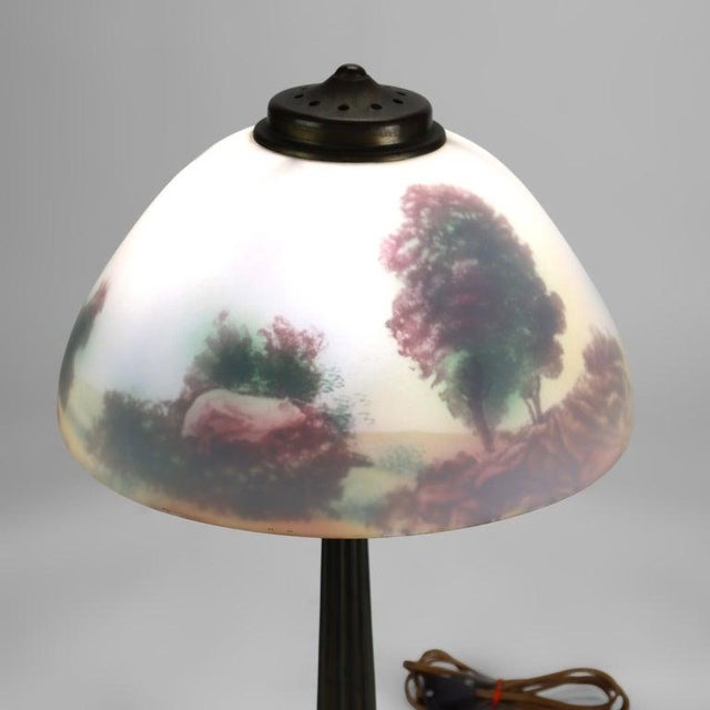 Antique Pittsburg Style Arts & Crafts Reverse Painted Landscape Table Lamp c1920 Measures - 19 5/8" x 12 1/8" x 12 1/8"