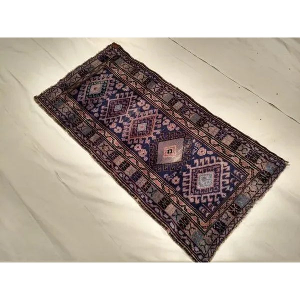 Blue Vintage Persian Kurdish Area Rug, Handwoven Geometric Medallion Pattern, Blue & Ivory, 2’ X 4’ For Sale - Image 8 of 8