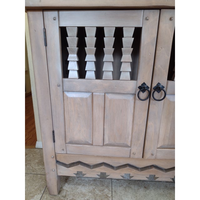 Late 20th Century Ernest Thompson Southwest Pueblo Style Carved Wood Cabinet With Sun Motif For Sale In Santa Fe - Image 6 of 15