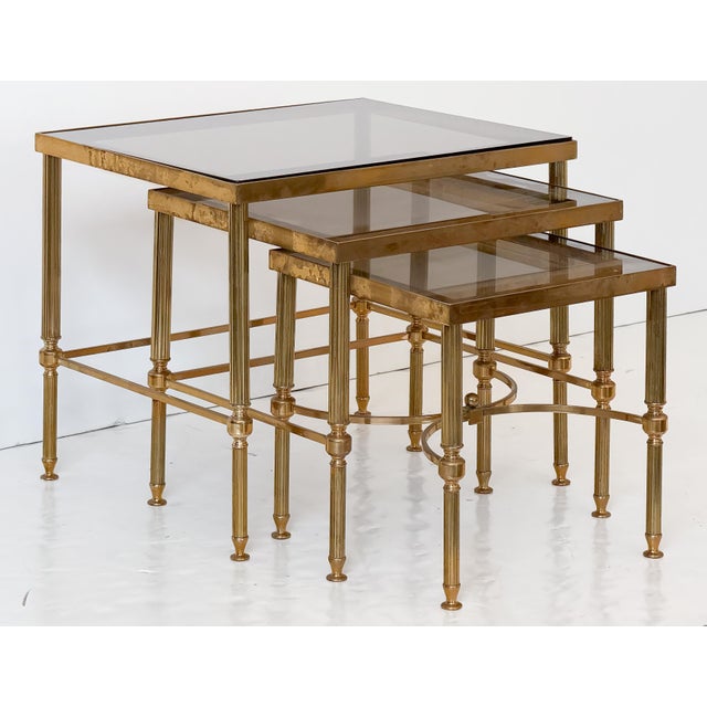 French Nesting Tables of Brass With Smoked Glass For Sale In Austin - Image 6 of 18