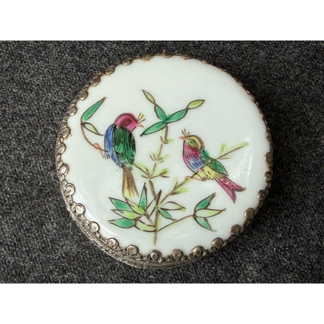 Sweet, small, round vintage Chinese porcelain shard accented trinket, ring box. Two small colorful birds on a blooming...