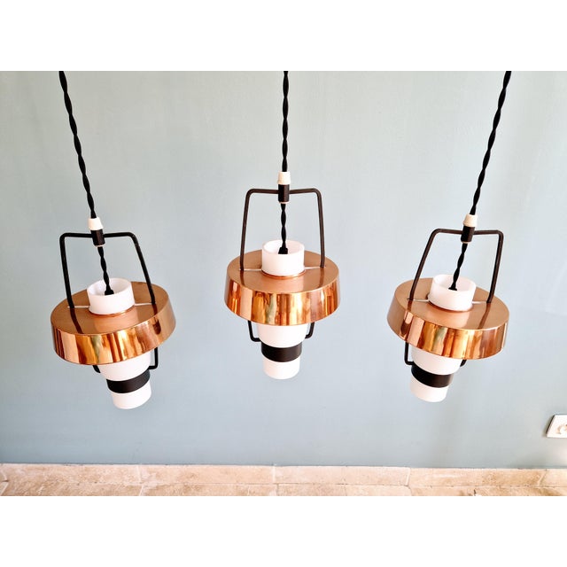 Scandinavian Pendant Lights in White Opaline and Copper Metal, 1960s, Set of 3 For Sale - Image 13 of 18