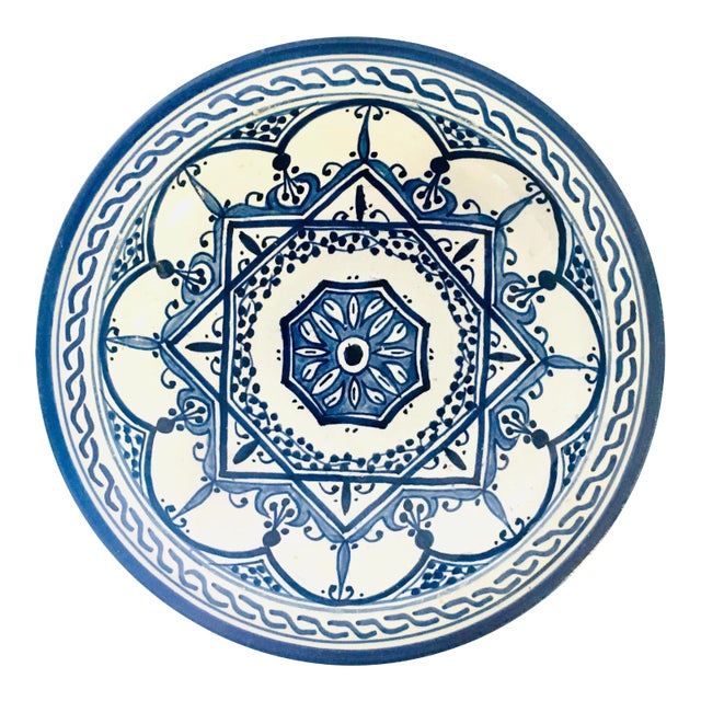 Mid 20th Century Hand Painted Blue + White Moroccan Bowl For Sale