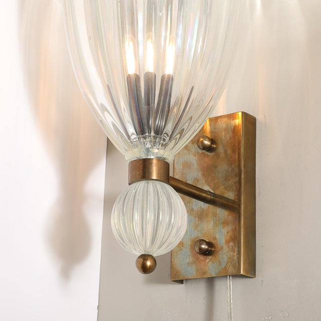 Modernist Brass Handblown Iridescent Vintage Murano Glass Orbital Drop Sconces For Sale - Image 4 of 15