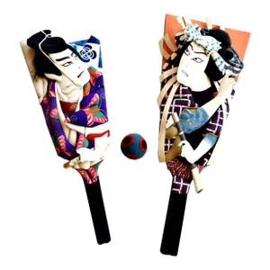 Set of 2 Post War Kabuki Paddles (Hagoita) Original Shuttlecock Ball Japan Circa 1960