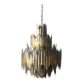 Large Tom Greene Brutalist Torch-Cut Brass Chandelier, 1960s For Sale