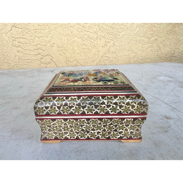 Vintage Middle Eastern Inlaid Wood Painted Trinket Box Mosaic.. This is a vintage Persian Khatam micro mosaic inlaid wood...