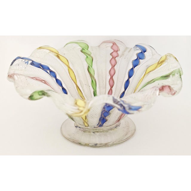 Murano Latticino Ribbon Art Glass Footed Bowl — Multicolor Gold Fleck, Italy For Sale In Los Angeles - Image 6 of 14
