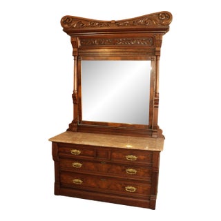Antique Walnut Victorian Marble Top Dresser, For Sale