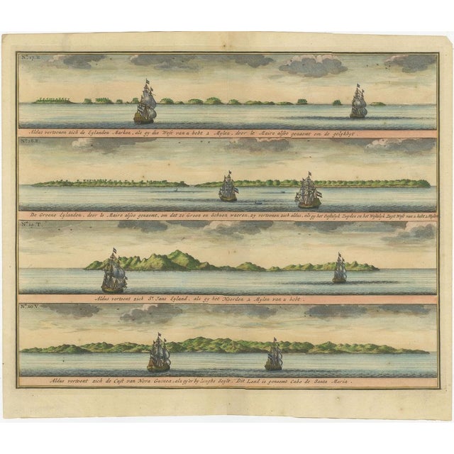 Antique print titled 'De Kust van Nova Guinea tot aan deze bogt (\.)'. Four engravings on one sheet showing panoramic...