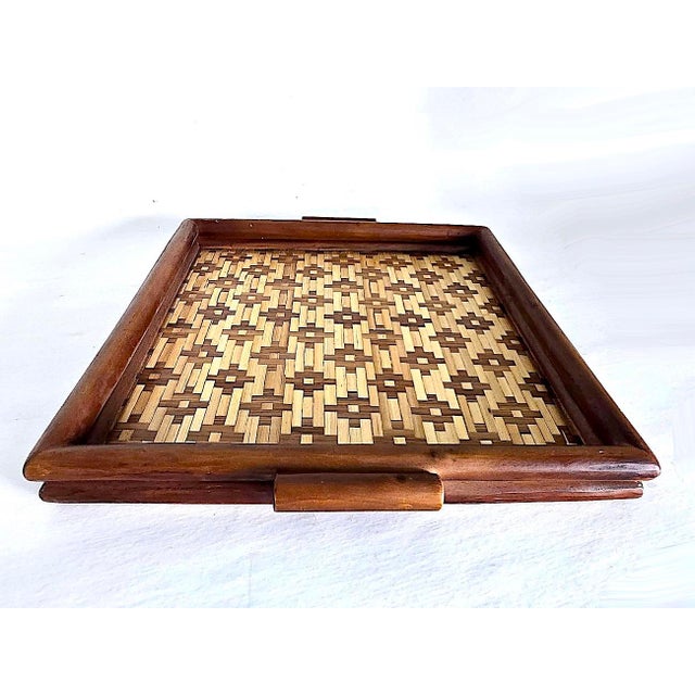 Contemporary Vintage Square Diamond Weave Bamboo Tray For Sale - Image 3 of 10