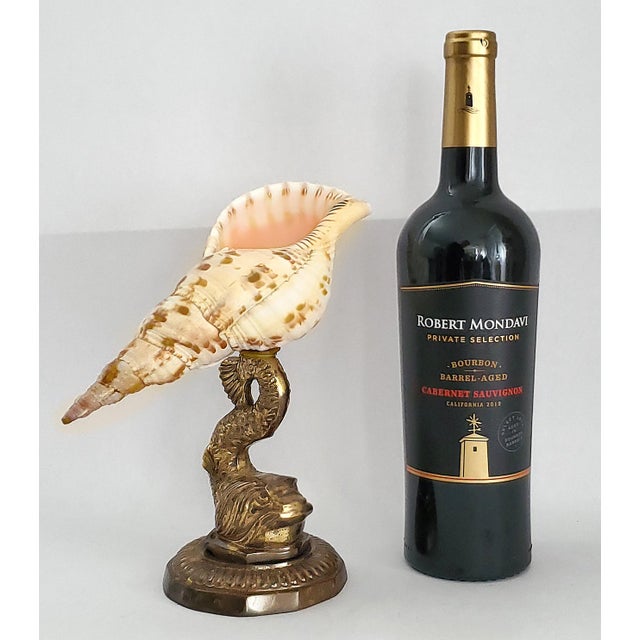 Offering a vintage Triton conch seashell placed upon a solid brass Koi fish stand, circa Mid 20th Century. This unique and...