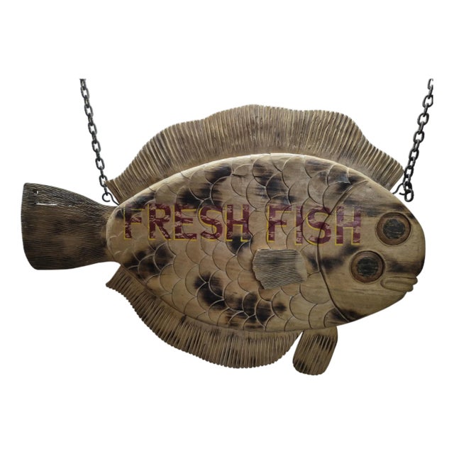 Carved Flounder Trade Sign "Fresh Fish" For Sale