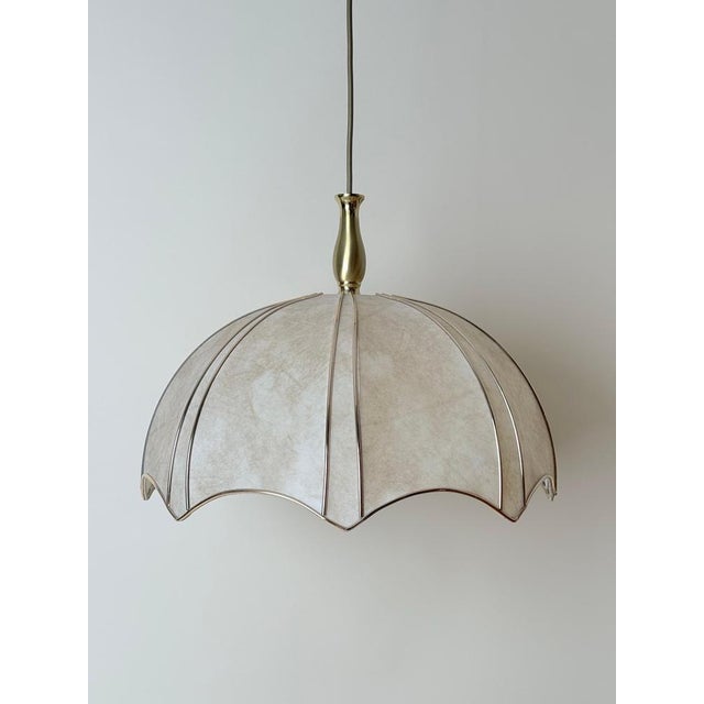 Mid-Century Pendant Light with Brass and Cocoon-Style Shade, 1980s For Sale - Image 4 of 12