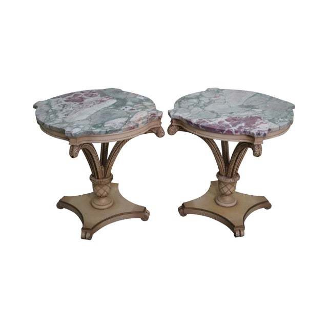 Grosfeld House Painted Wood Marble Top Side Tables For Sale