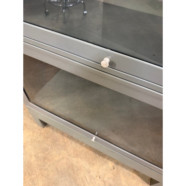 Vintage Industrial Steel Barrister Bookcase With Glass Lift-Up Doors For Sale - Image 12 of 13