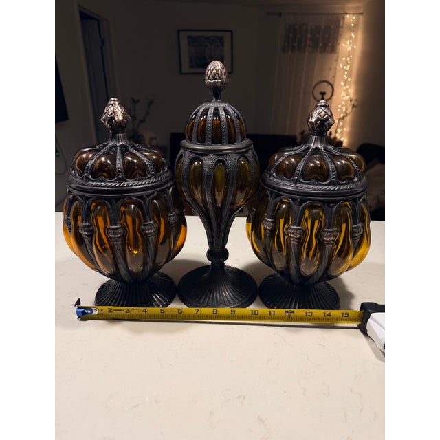 Vintage Baroque Brass Caged Amber Blown Bubble Glass & Dome Lidded Apothecary Jar For Sale - Image 9 of 11
