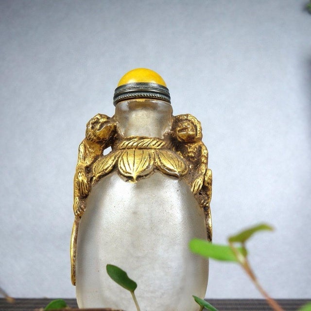 Early 21st Century Vintage Gilt Glass Snuff Bottle With Monkey Motif and Stand For Sale - Image 5 of 9