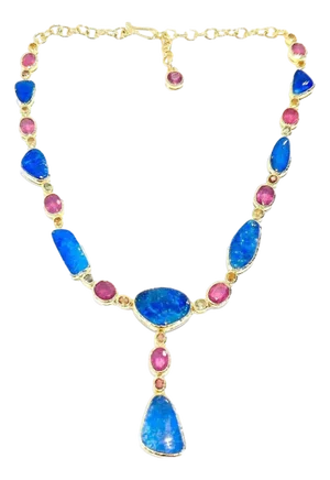 Bochic “Capri” Vintage Blue Opal, Ruby & Sapphire Necklace - 18K Gold & Silver