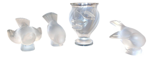 Set of Four Lalique Frosted Crystal Pieces Rosine Vase & Sparrows. Late 20th C.