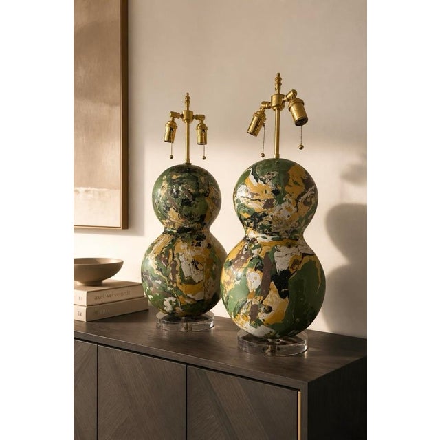 Green Contemporary Large Two Ball Scagliola Table Lamps - a Pair For Sale - Image 8 of 8