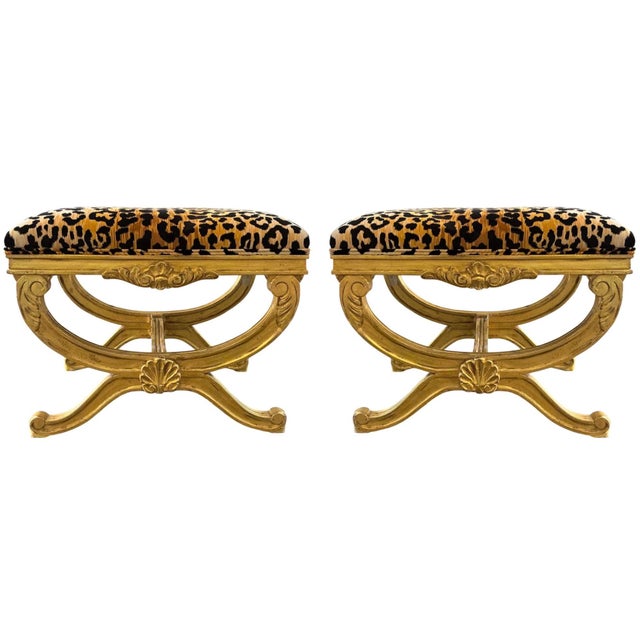 Mid-Century Italian Neo-Classical Style Giltwood & Leopard Velvet X-Base Ottomans - Pair For Sale - Image 9 of 9
