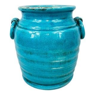 Turquoise Ceramic Crock With Handles For Sale
