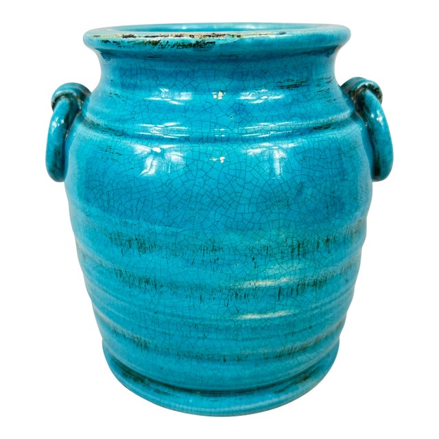 Turquoise Ceramic Crock With Handles For Sale