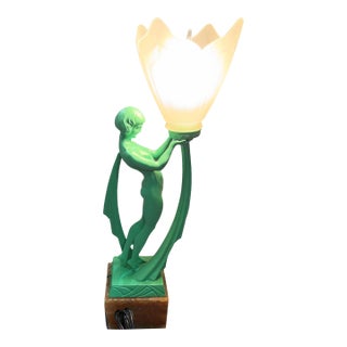 1930s French Green Spleter Metal Art Deco Style Biba Lamp on Marble by Jacques Limousin For Sale