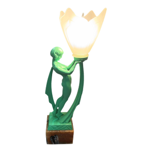 1930s French Green Spleter Metal Art Deco Style Biba Lamp on Marble by Jacques Limousin