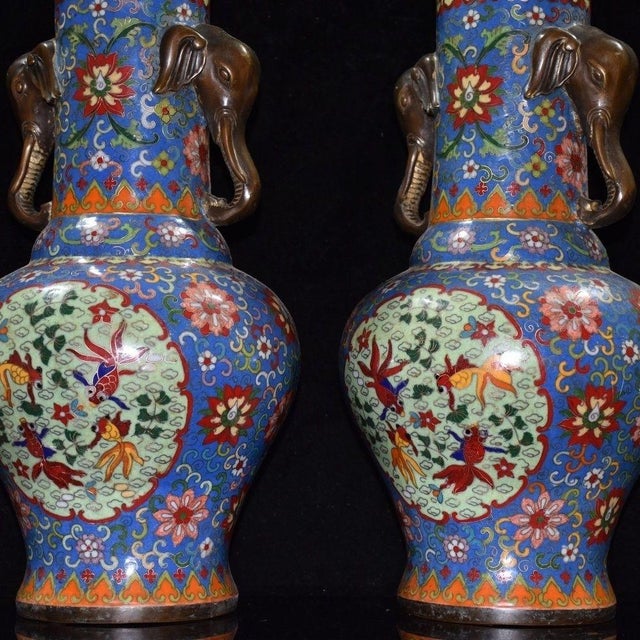 Blue Monumental Pair of Cloisonné Enamel & Bronze Elephant-Handle Vases With Goldfish Motifs For Sale - Image 8 of 9