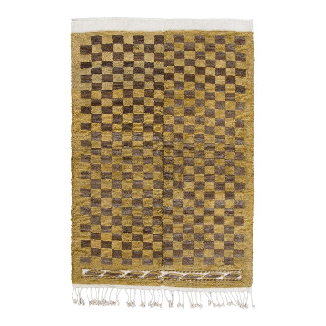 1950s Vintage Tulu Rug in Gold, Brown & White Geometric Pattern For Sale