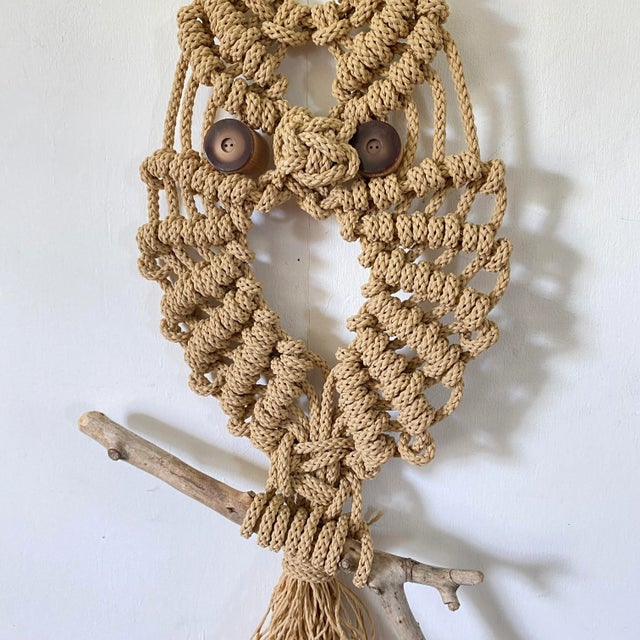 Mid Century 1960s Macramé Owl Wall Hanging Textile Art For Sale - Image 4 of 8