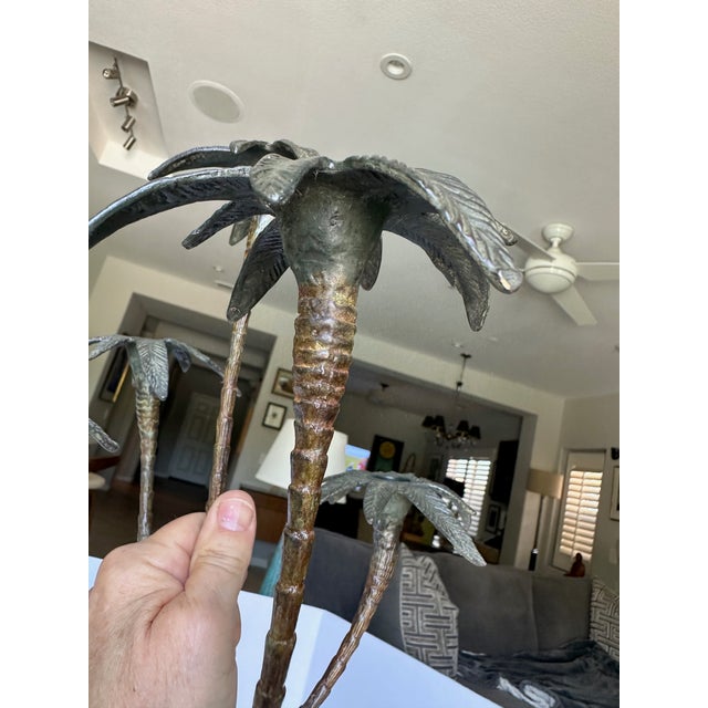 Green Pair Patinated Tole Metal Palm Tree 5 Arm Candlestick Holders For Sale - Image 8 of 15