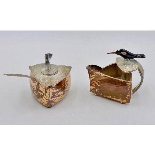 1980s Emilia Castillo Copper & Silver Creamer & Sugar Set With Bird Sculptures For Sale - Image 10 of 18
