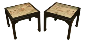 Chinese Style Inset Ceramic Tile Side Tables - A Pair