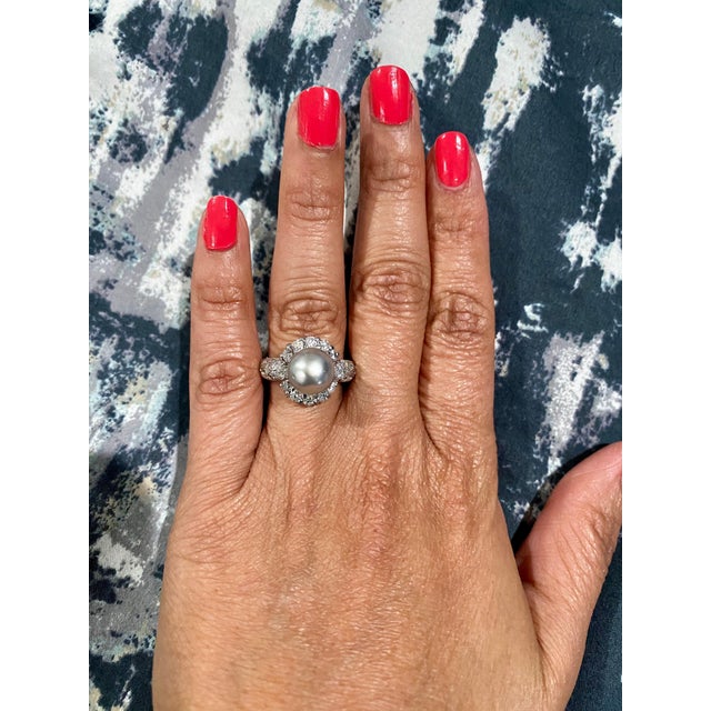 0.97 Carat Tahitian Pearl and Diamond 14 Karat White Gold Ring, Size 7 For Sale - Image 9 of 9