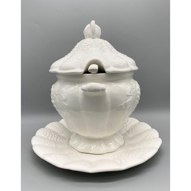 Mid-Century Modern Mid Century California Pottery White Grape Vine Tureen With Ladle and Underplate For Sale - Image 3 of 12
