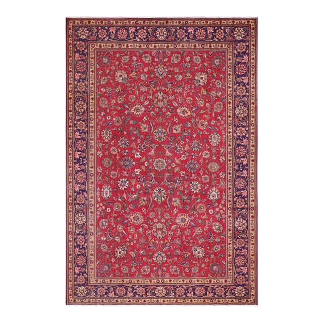 Retro Persian Kashan Red/Blue Wool Rug - 8'7'' X 12'7'' For Sale